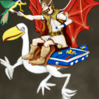 Super Mario vestido de cavaleiro medieval montando um pterodáctilo na parte de trás de um ônibus, pintura barroca