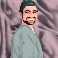 Pixar’s 3d style young man looking down with a white plush cap and brim front faced. Brown sweatshirt with hood and drawstring. Medium-sized beard all over the face. Shy laughter in the corner of his mouth. Gold hoop earring in the ear and black hoop piercing in the nose. Brown eyes and short hair. Skin is white and face is slightly rounded. Diagonal view facing left.