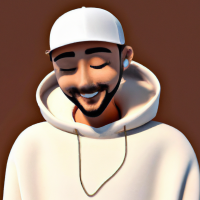 Pixar’s 3d style young man looking down with a white plush cap and brim front faced. Brown sweatshirt with hood and drawstring. Medium-sized beard all over the face. Shy laughter in the corner of his mouth. Gold hoop earring in the ear and black hoop piercing in the nose. Brown eyes and short hair. Skin is white and face is slightly rounded. Diagonal view facing left.