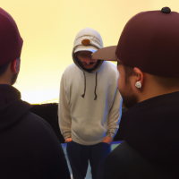 Pixar’s 3d style young man looking down with a white plush cap and brim front faced. Brown sweatshirt with hood and drawstring. Medium-sized beard all over the face. Shy laughter in the corner of his mouth. Gold hoop earring in the ear and black hoop piercing in the nose. Brown eyes and short hair. Skin is white and face is slightly rounded. Diagonal view facing left.