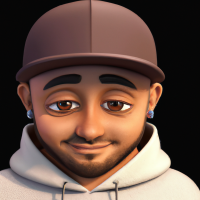 Pixar’s 3d style young man looking down with a white plush cap and brim front faced. Brown sweatshirt with hood and drawstring. Medium-sized beard all over the face. Shy laughter in the corner of his mouth. Gold hoop earring in the ear and black hoop piercing in the nose. Brown eyes and short hair. Skin is white and face is slightly rounded. Diagonal view facing left.