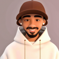 Pixar’s 3d style young man looking down with a white plush cap and brim front faced. Brown sweatshirt with hood and drawstring. Medium-sized beard all over the face. Shy laughter in the corner of his mouth. Gold hoop earring in the ear and black hoop piercing in the nose. Brown eyes and short hair. Skin is white and face is slightly rounded. Diagonal view facing left.