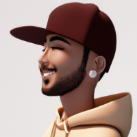 Pixar’s 3d style young man looking down with a white plush cap and brim front faced. Brown sweatshirt with hood and drawstring. Medium-sized beard all over the face. Shy laughter in the corner of his mouth. Gold hoop earring in the ear and black hoop piercing in the nose. Brown eyes and short hair. Skin is white and face is slightly rounded. Diagonal view facing left.