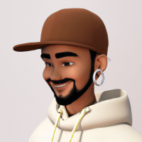 Pixar’s 3d style young man looking down with a white plush cap and brim front faced. Brown sweatshirt with hood and drawstring. Medium-sized beard all over the face. Shy laughter in the corner of his mouth. Gold hoop earring in the ear and black hoop piercing in the nose. Brown eyes and short hair. Skin is white and face is slightly rounded. Diagonal view facing left.