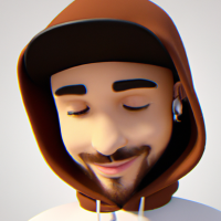 Pixar’s 3d style young man looking down with a white plush cap and brim front faced. Brown sweatshirt with hood and drawstring. Medium-sized beard all over the face. Shy laughter in the corner of his mouth. Gold hoop earring in the ear and black hoop piercing in the nose. Brown eyes and short hair. Skin is white and face is slightly rounded. Diagonal view facing left.