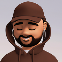 Pixar’s 3d style young man looking down with a white plush cap and brim front faced. Brown sweatshirt with hood and drawstring. Medium-sized beard all over the face. Shy laughter in the corner of his mouth. Gold hoop earring in the ear and black hoop piercing in the nose. Brown eyes and short hair. Skin is white and face is slightly rounded. Diagonal view facing left.