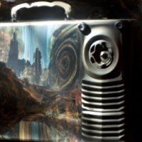 Um boombox refletindo os arredores de uma caverna, pintura de H.R. Giger, closeup