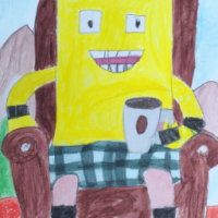 Bob Esponja Calça Quadrada vestido de carteiro bebendo uma xícara de café em uma cena na montanha, aquarelas de 5 anos